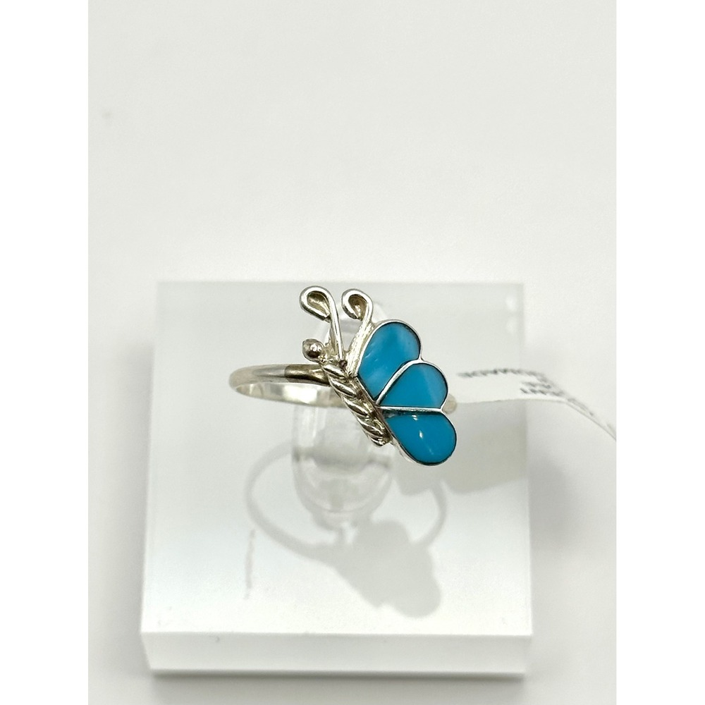 Zuni Handmade Turquoise Inlay Butterfly Sterling Silver Ring Size 8.5‎